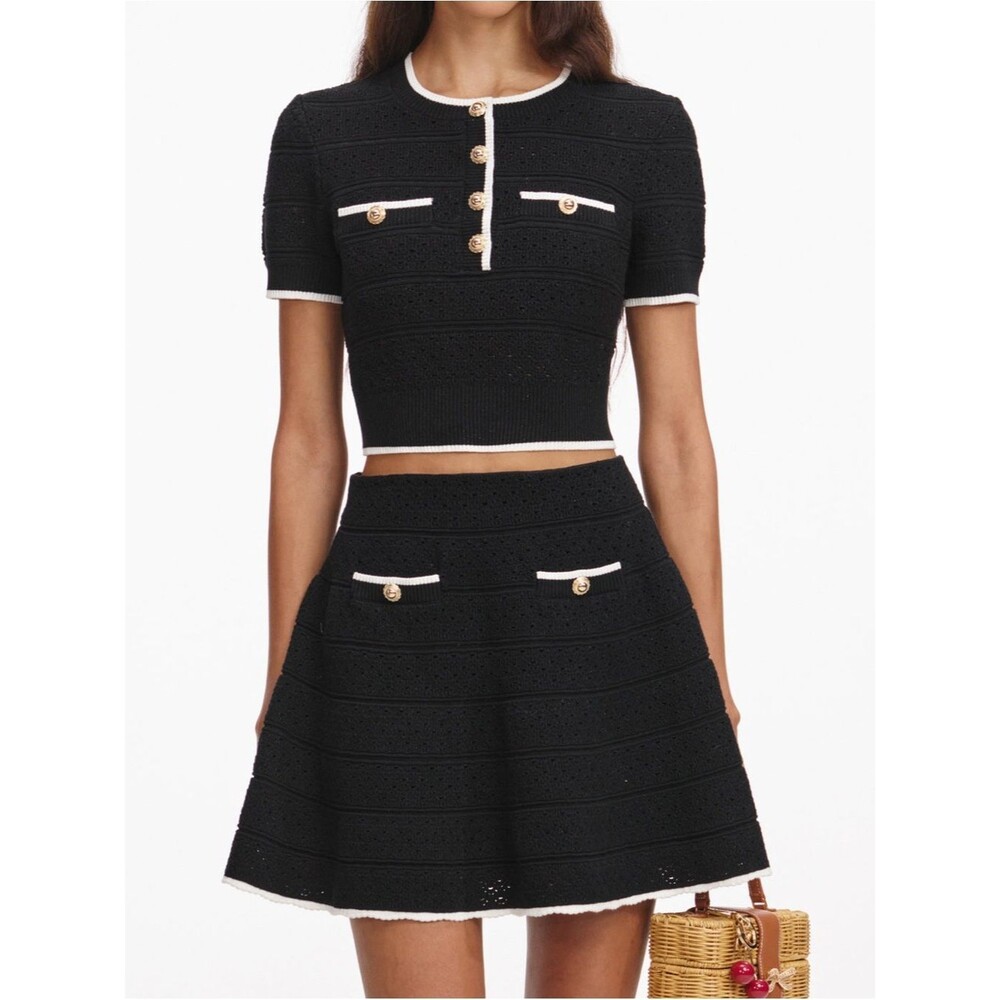 NWOT SELF-PORTRAIT BLACK POINTELLE Cropped KNIT TOP + Mini Skirt set - Picture 3 of 15